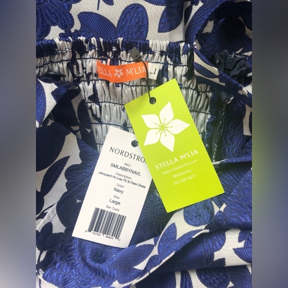 NEW STELLA M’LIA Jacquard Hi Low Fit Flare Navy Floral Dress Size L - Picture 12 of 12